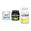 BioTech USA Marken-Trio: 100% Pure Whey + Crea Zero + L-Lysine – alle enthaltenen Artikel