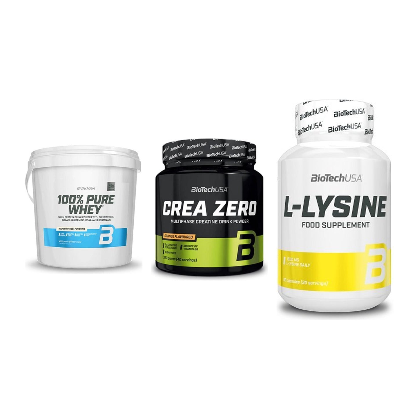 BioTech USA Marken-Trio: 100% Pure Whey + Crea Zero + L-Lysine – alle enthaltenen Artikel