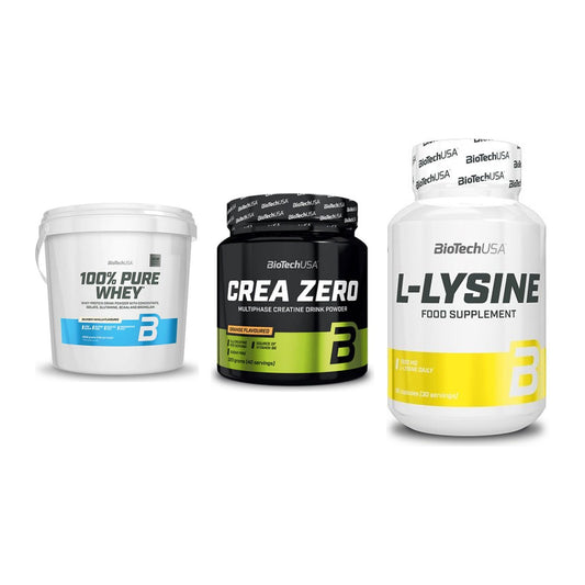 BioTech USA Marken-Trio: 100% Pure Whey + Crea Zero + L-Lysine – alle enthaltenen Artikel