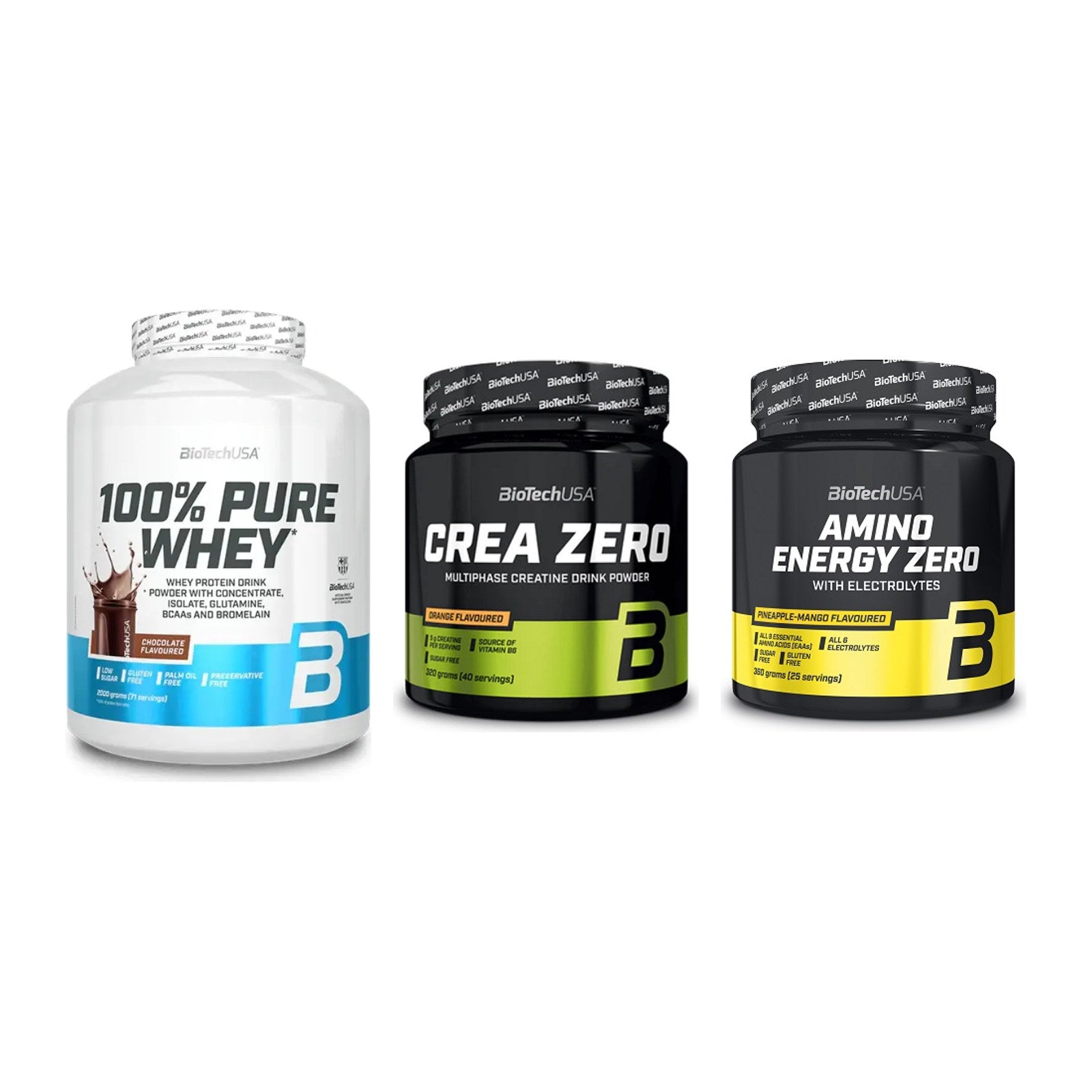 BioTech USA Marken-Trio: 100% Pure + Crea Zero + Amino Energy – alle enthaltenen Artikel