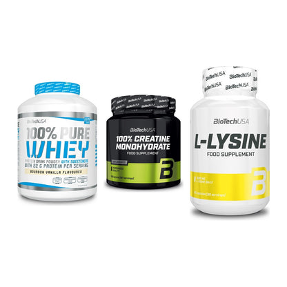 BioTech USA Marken-Trio: 100% Pure + Creatine + L-Lysine – alle enthaltenen Artikel