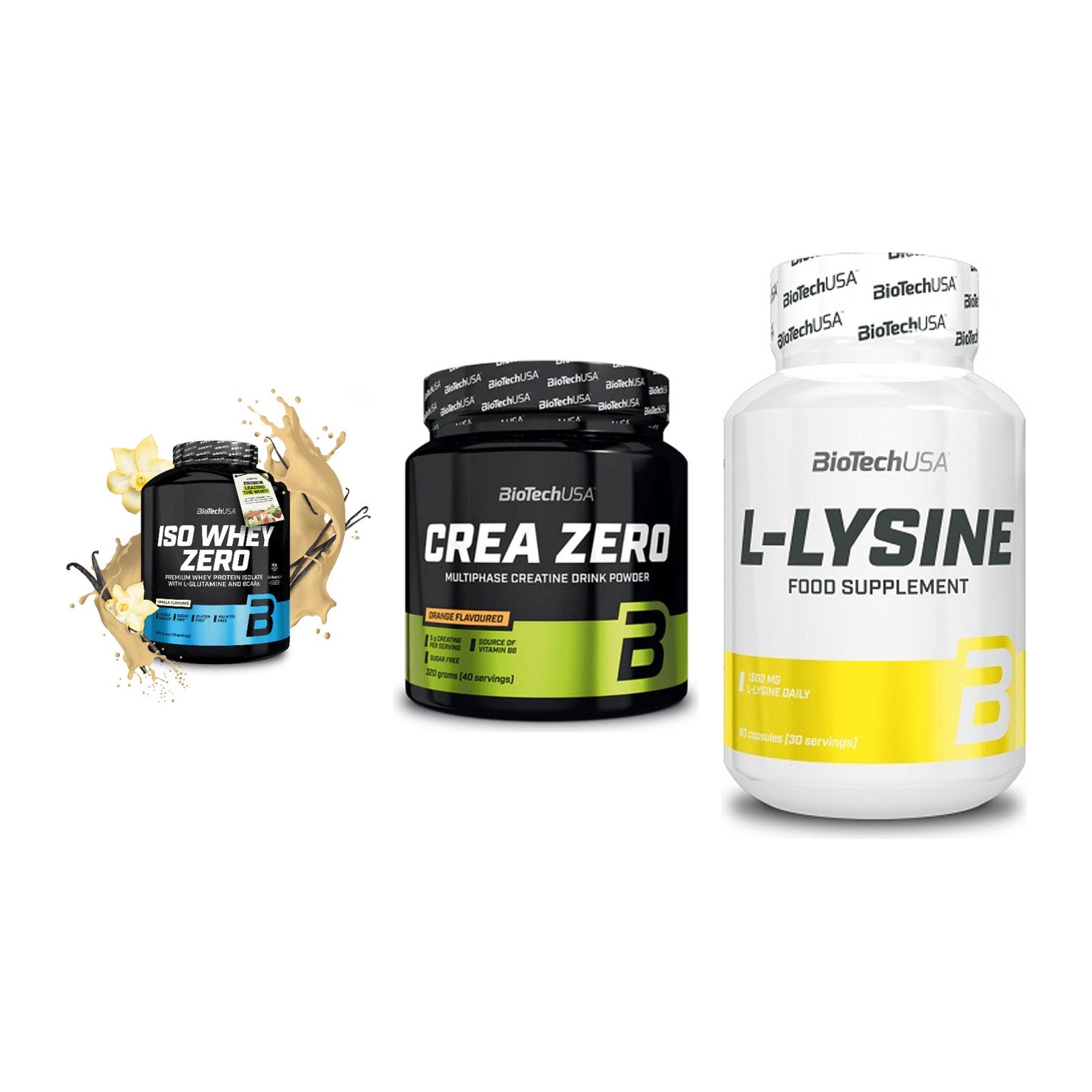 BioTech USA Marken-Trio: Iso Whey Zero + Crea Zero + L-Lysine – alle enthaltenen Artikel