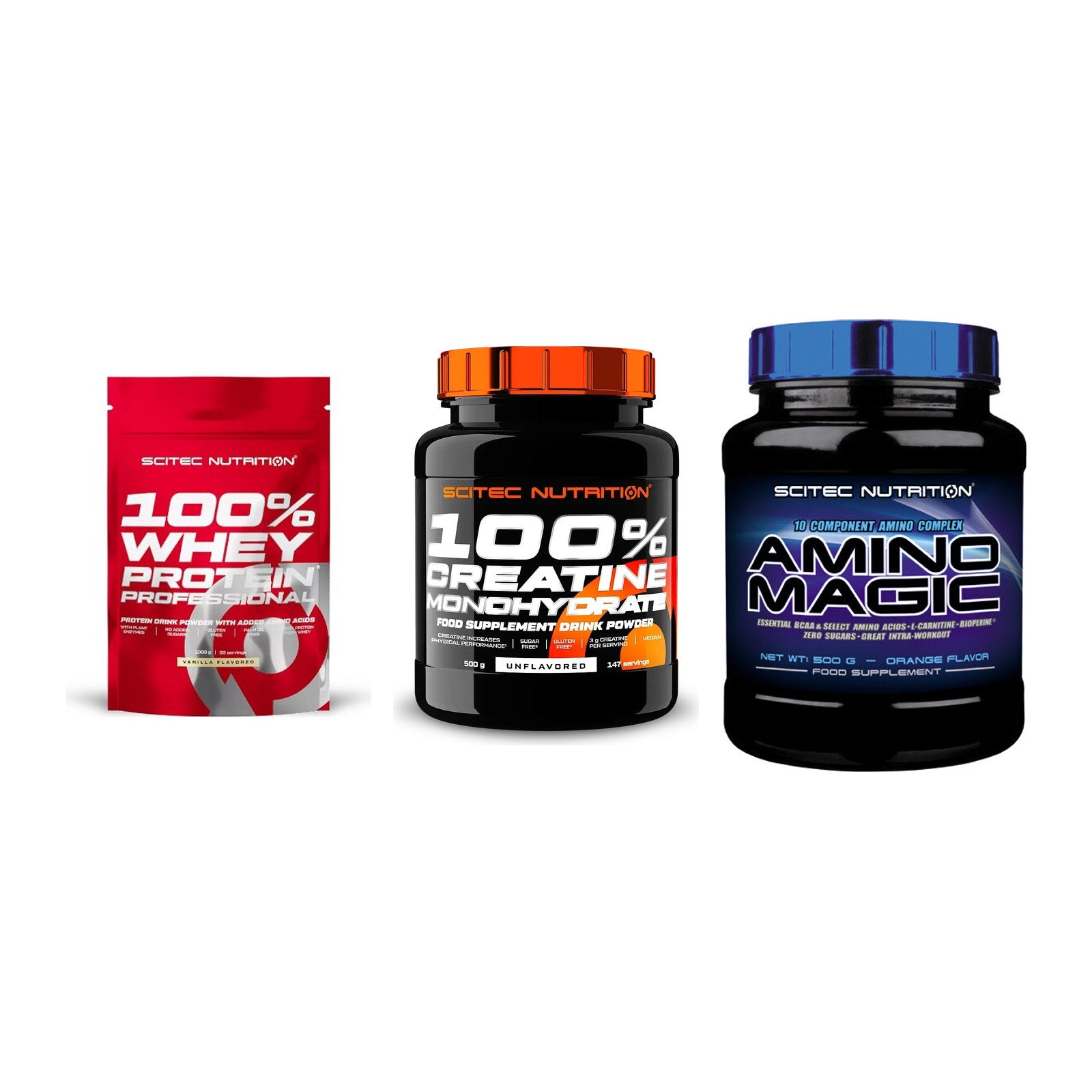 Scitec Nutrition Marken-Trio: 100% Whey + Creatine + 1 weitere – alle enthaltenen Artikel