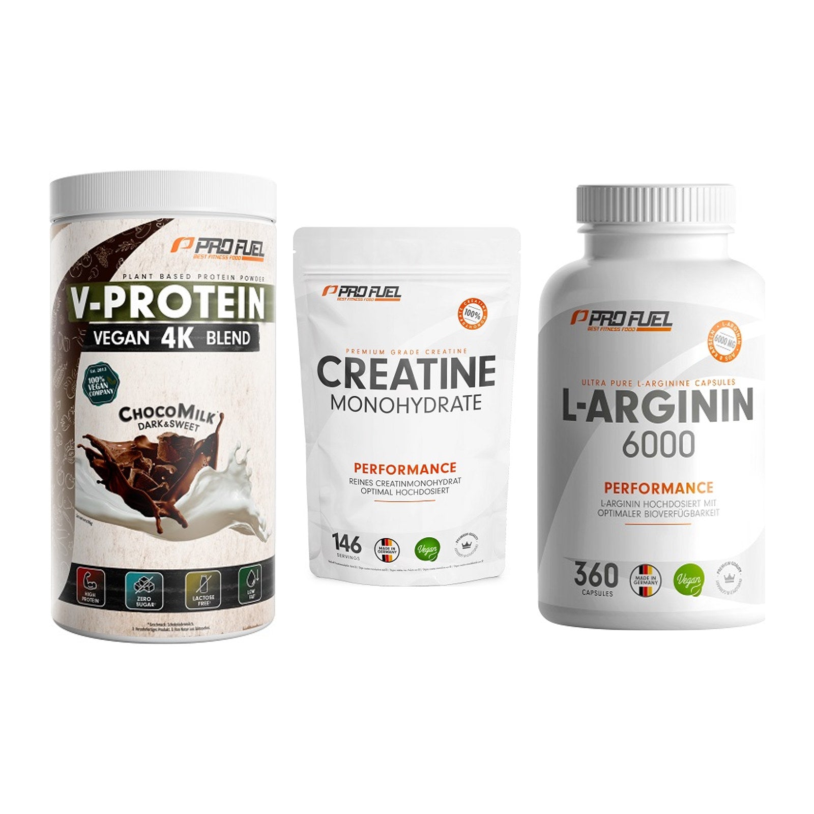 ProFuel Marken-Trio: V-PROTEIN + Creatine + L-Arginin 6000 – alle enthaltenen Artikel