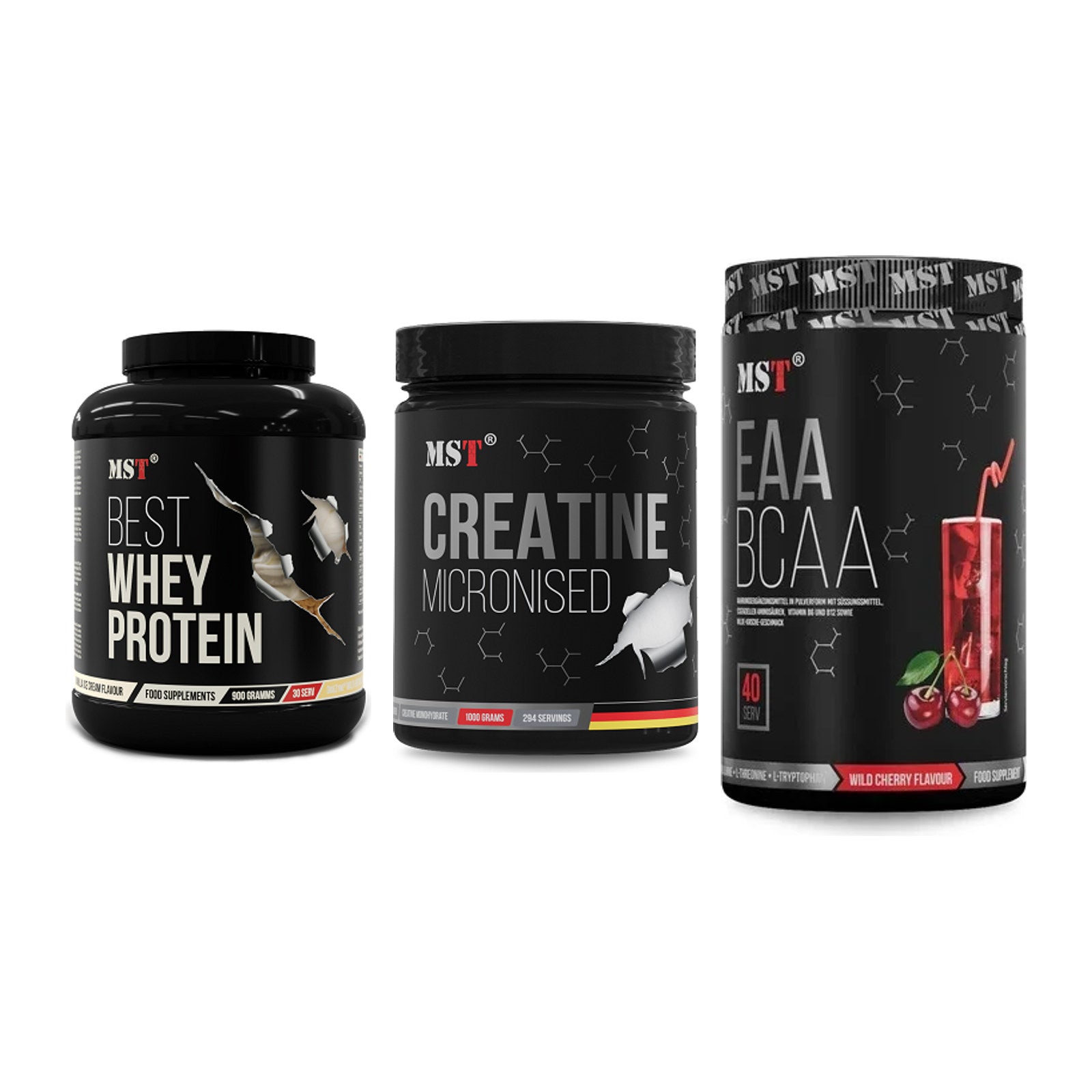 MST Marken-Trio: Best Whey Protein + Creatin Monohydrate + EAA & BCAA – alle enthaltenen Artikel