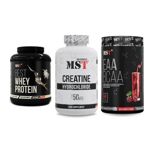 MST Marken-Trio: Best Whey Protein + Creatine HCL + EAA & BCAA – alle enthaltenen Artikel
