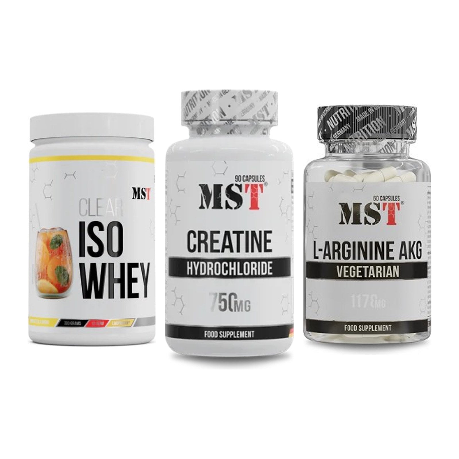 MST Marken-Trio: Iso Clear + Creatin HCL + Arginin AAKG 1178mg – alle enthaltenen Artikel