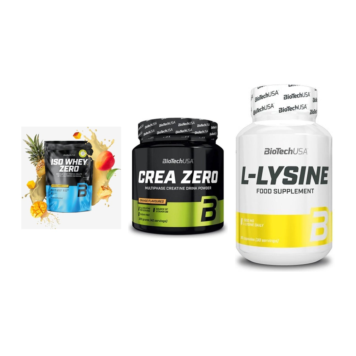 BioTech USA Marken-Trio: Iso Whey Zero + Crea Zero + L-Lysine – alle enthaltenen Artikel