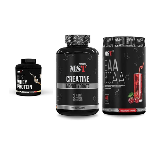 MST Marken-Trio: Best Whey Protein + Creatine Monohydrate + EAA & BCAA – alle enthaltenen Artikel