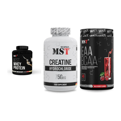 MST Marken-Trio: Best Whey Protein + Creatine HCL + EAA & BCAA – alle enthaltenen Artikel