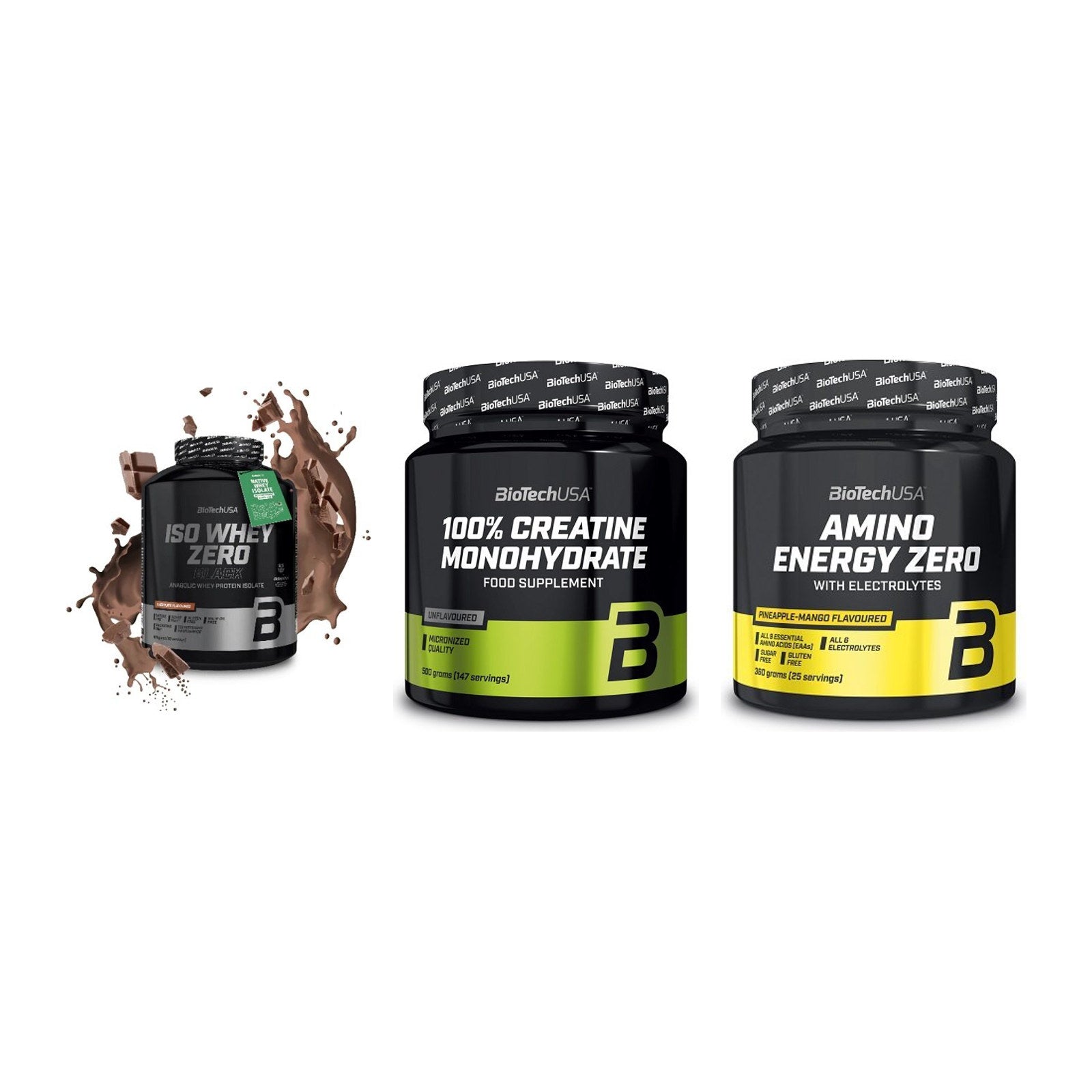 BioTech USA Marken-Trio: Iso Whey Zero + Creatine + Amino Energy – alle enthaltenen Artikel