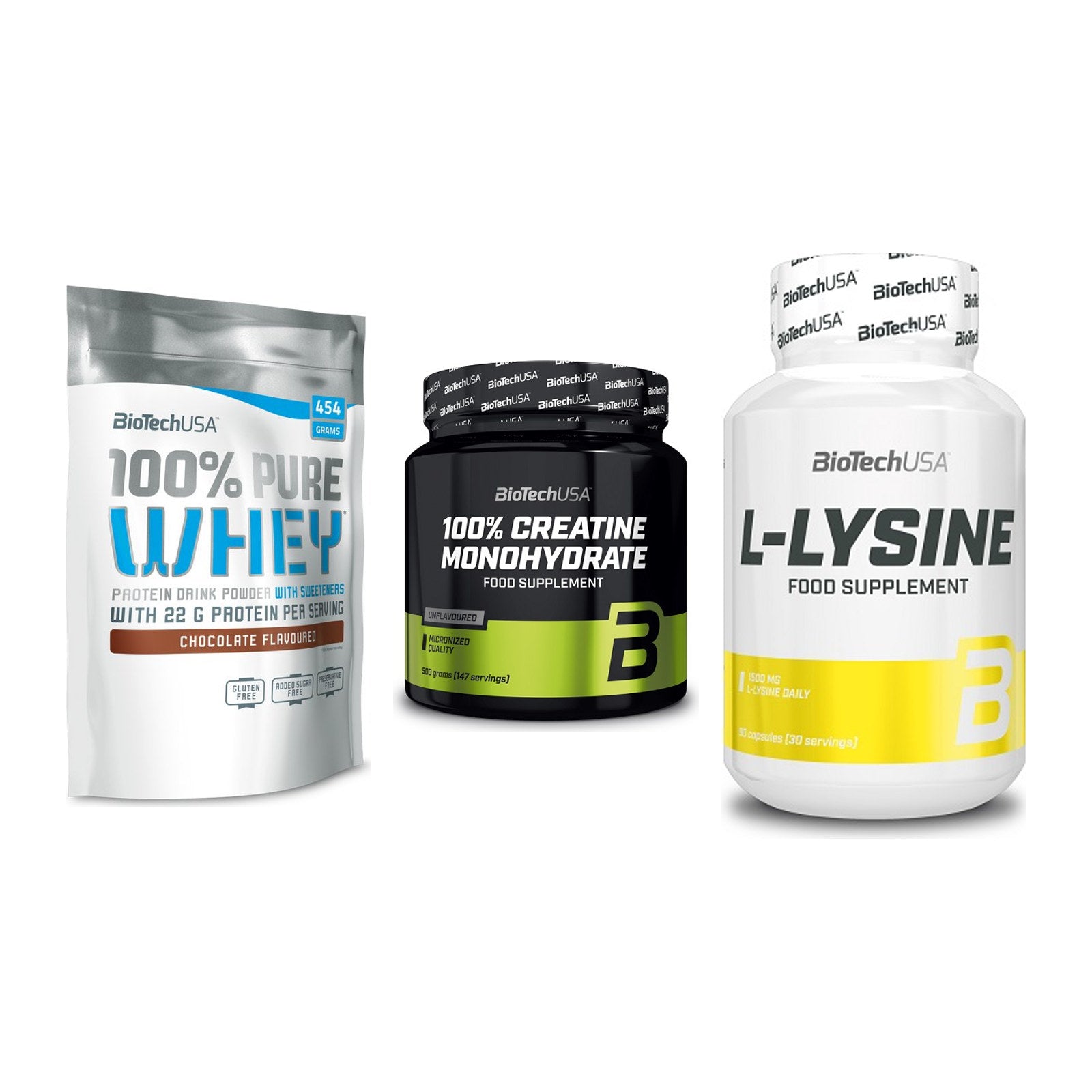 BioTech USA Marken-Trio: 100% Pure + Creatine + L-Lysine – alle enthaltenen Artikel