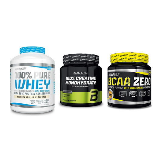BioTech USA Marken-Trio: 100% Pure + Creatine + BCAA Zero – alle enthaltenen Artikel