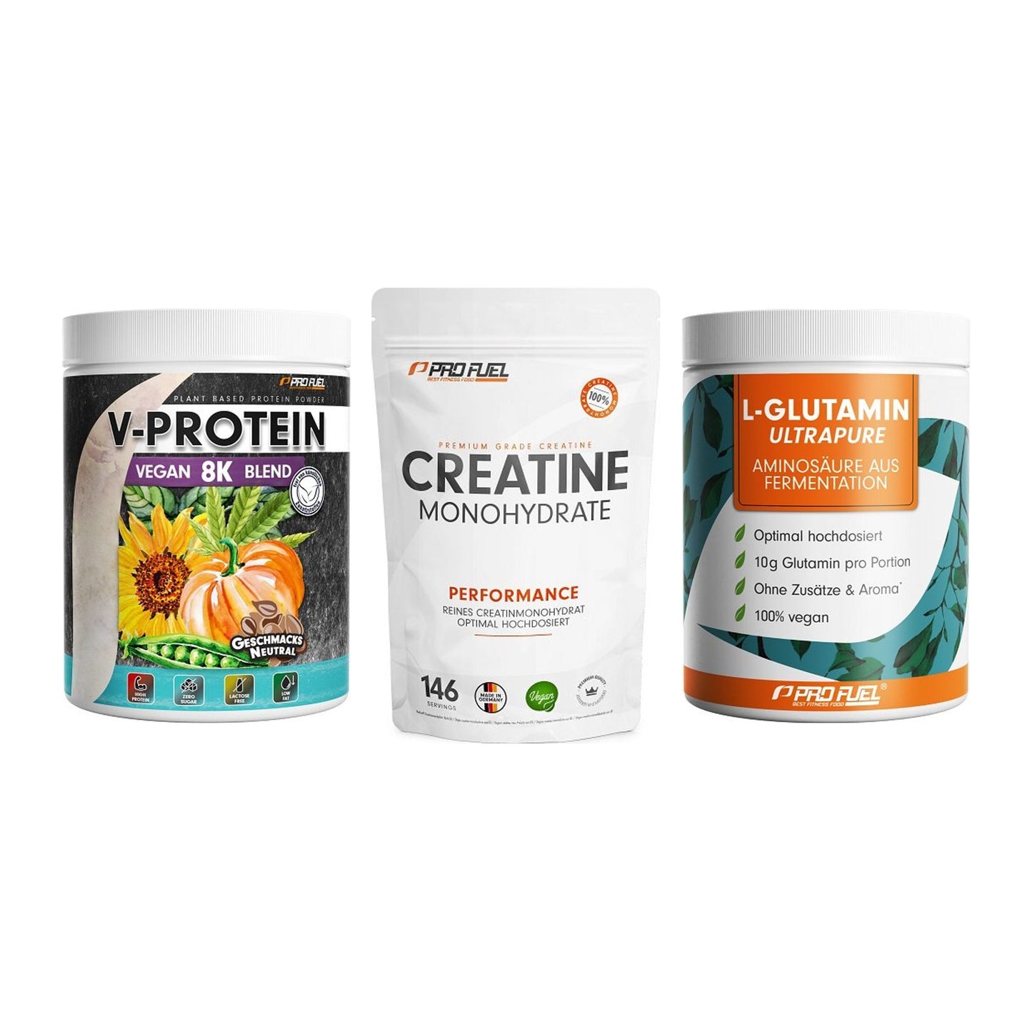 ProFuel Marken-Trio: V-Protein + Creatine + Glutamin – alle enthaltenen Artikel