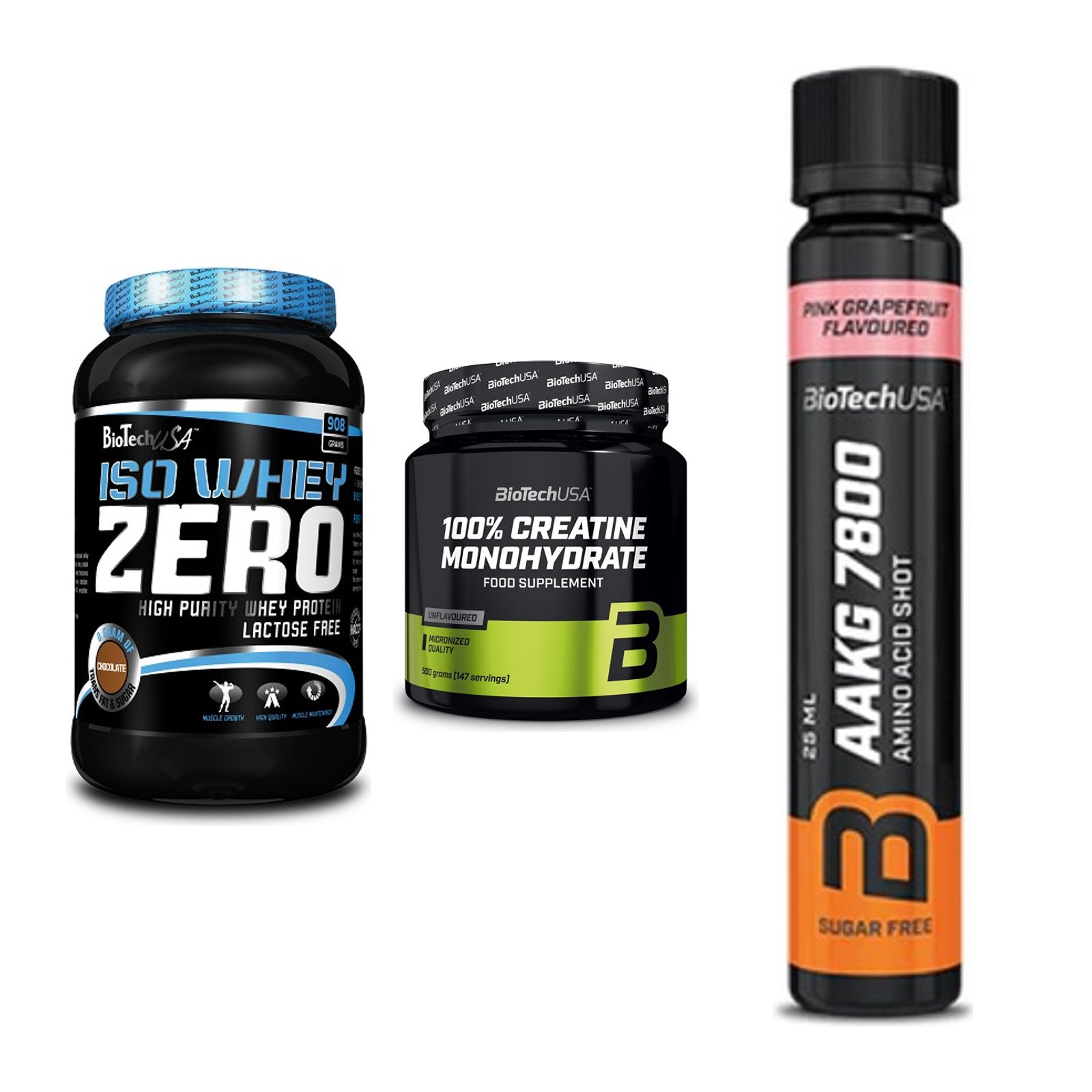 BioTech USA Marken-Trio: Iso Whey Zero + Creatine + AAKG 7800 – alle enthaltenen Artikel