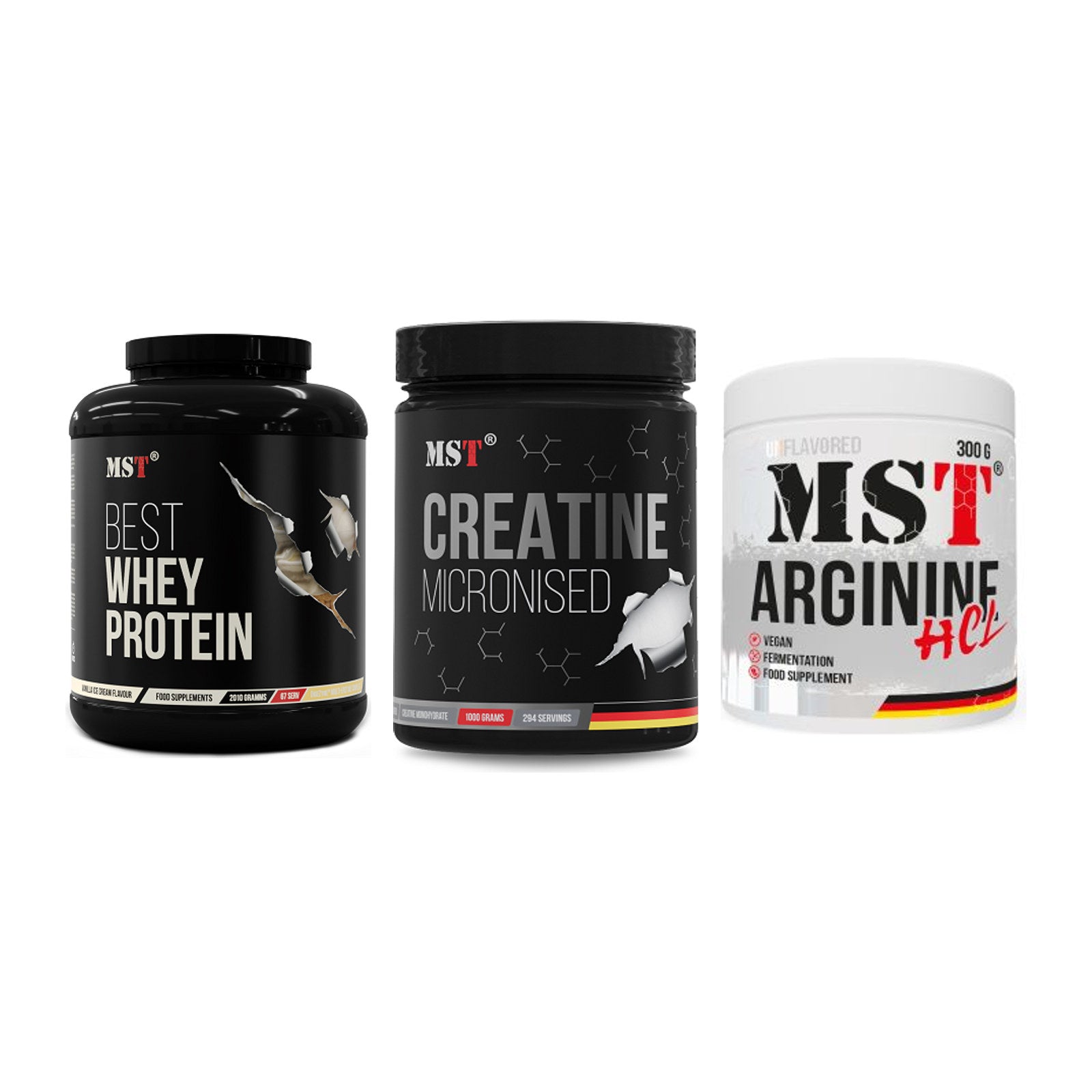 MST Marken-Trio: Best Whey + Creatin Monohyd + Arginine HCL – alle enthaltenen Artikel
