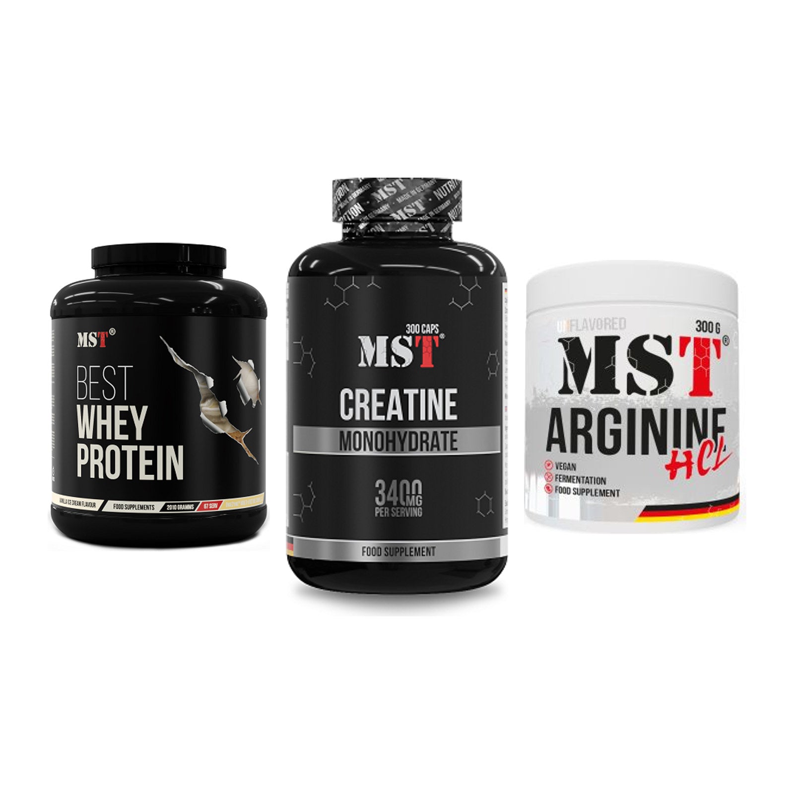 MST Marken-Trio: Best Whey + Creatine + Arginine HCL – alle enthaltenen Artikel