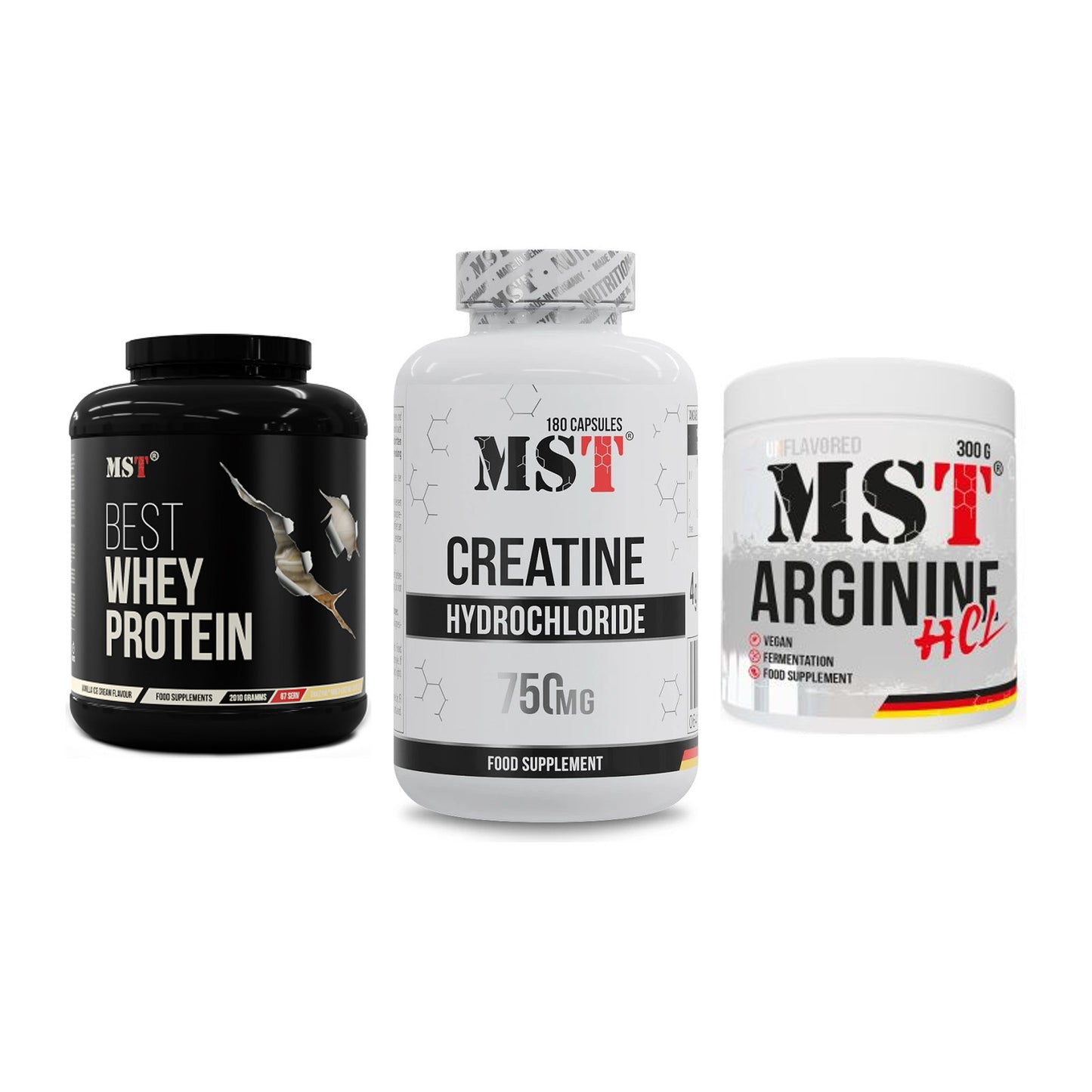 MST Marken-Trio: Best Whey Protein + Creatine HCL + Arginine HCL – alle enthaltenen Artikel