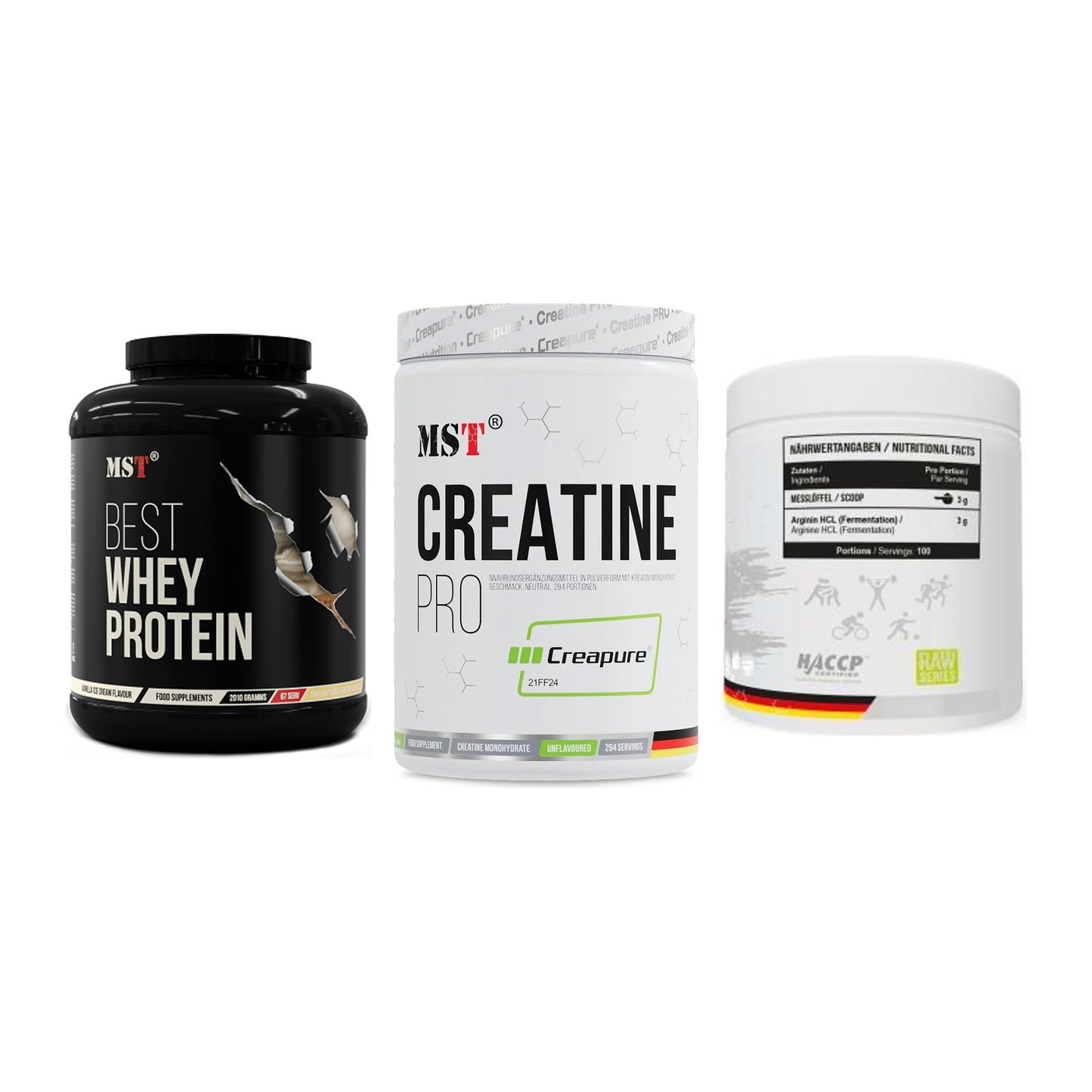 MST Marken-Trio: Best Whey + Creatin Pro + Arginine HCL – alle enthaltenen Artikel
