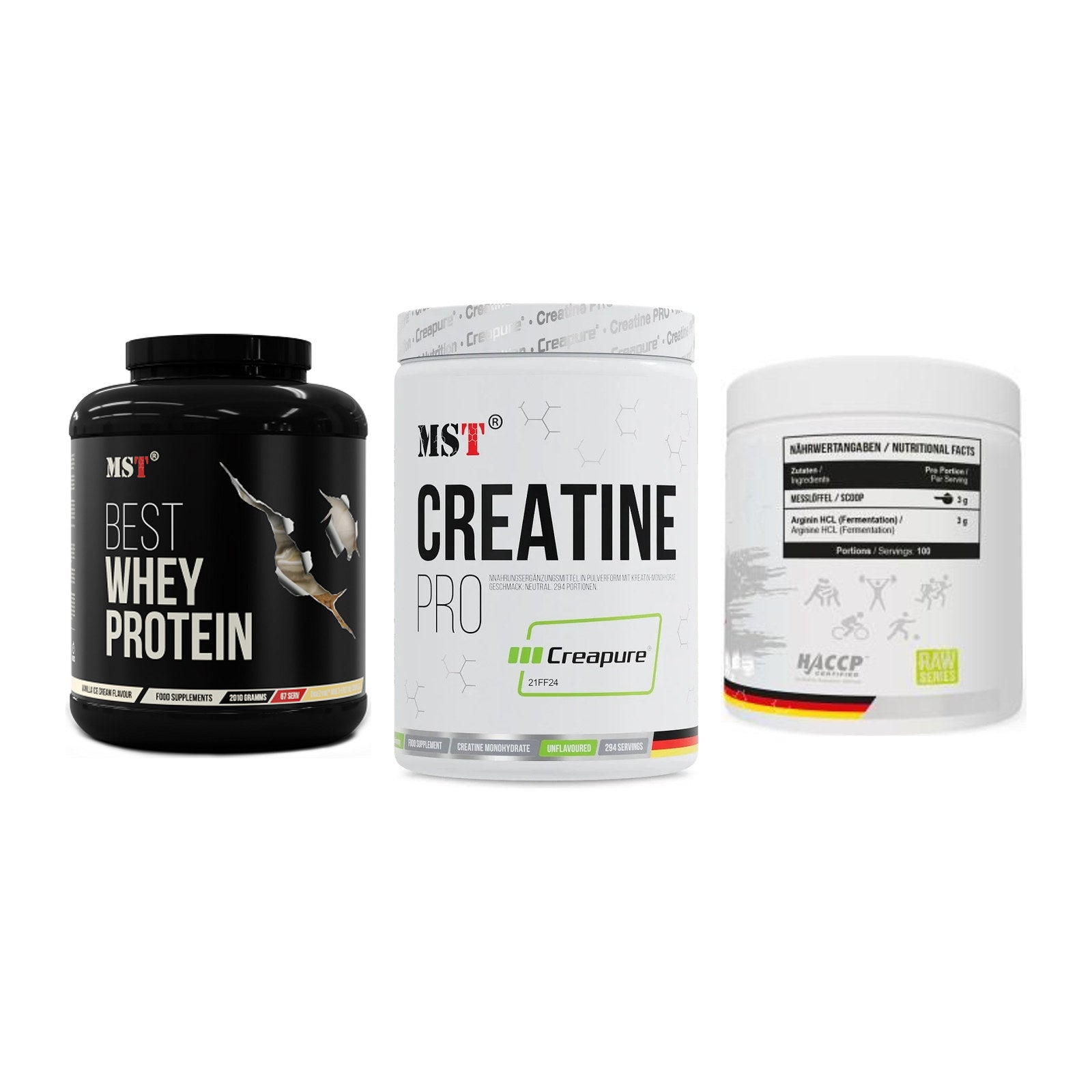 MST Marken-Trio: Best Whey + Creatin Pro + Arginine HCL – alle enthaltenen Artikel