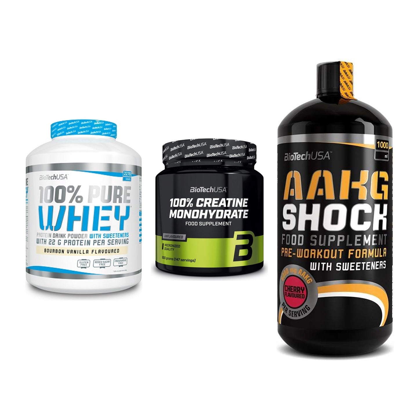 BioTech USA Marken-Trio: 100% Pure + Creatine + AAKG Shock – alle enthaltenen Artikel