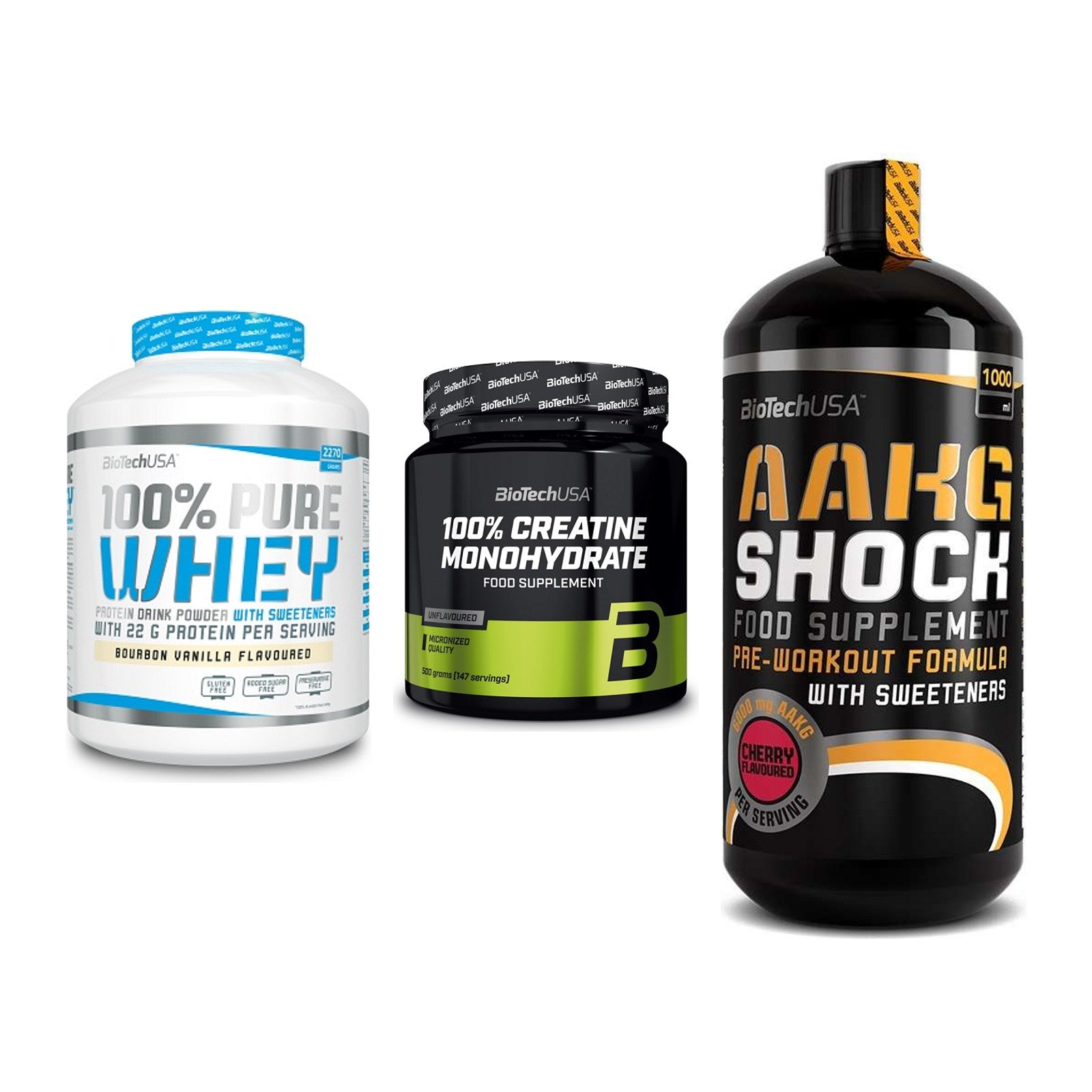 BioTech USA Marken-Trio: 100% Pure + Creatine + AAKG Shock – alle enthaltenen Artikel