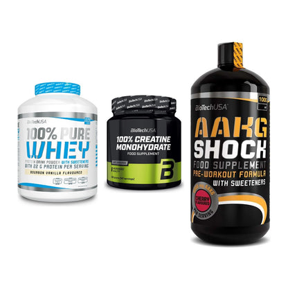 BioTech USA Marken-Trio: 100% Pure + Creatine + AAKG Shock – alle enthaltenen Artikel