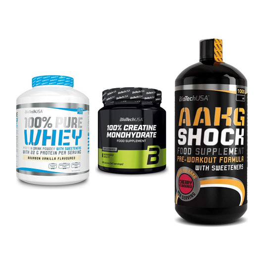 BioTech USA Marken-Trio: 100% Pure + Creatine + AAKG Shock – alle enthaltenen Artikel