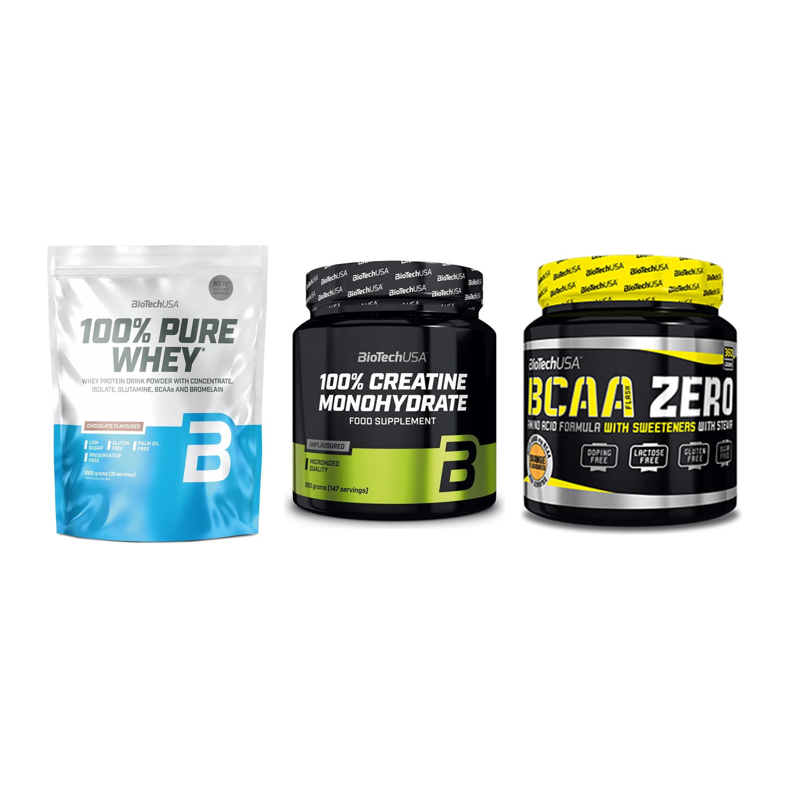 BioTech USA Marken-Trio: 100% Pure + Creatine + BCAA Zero – alle enthaltenen Artikel