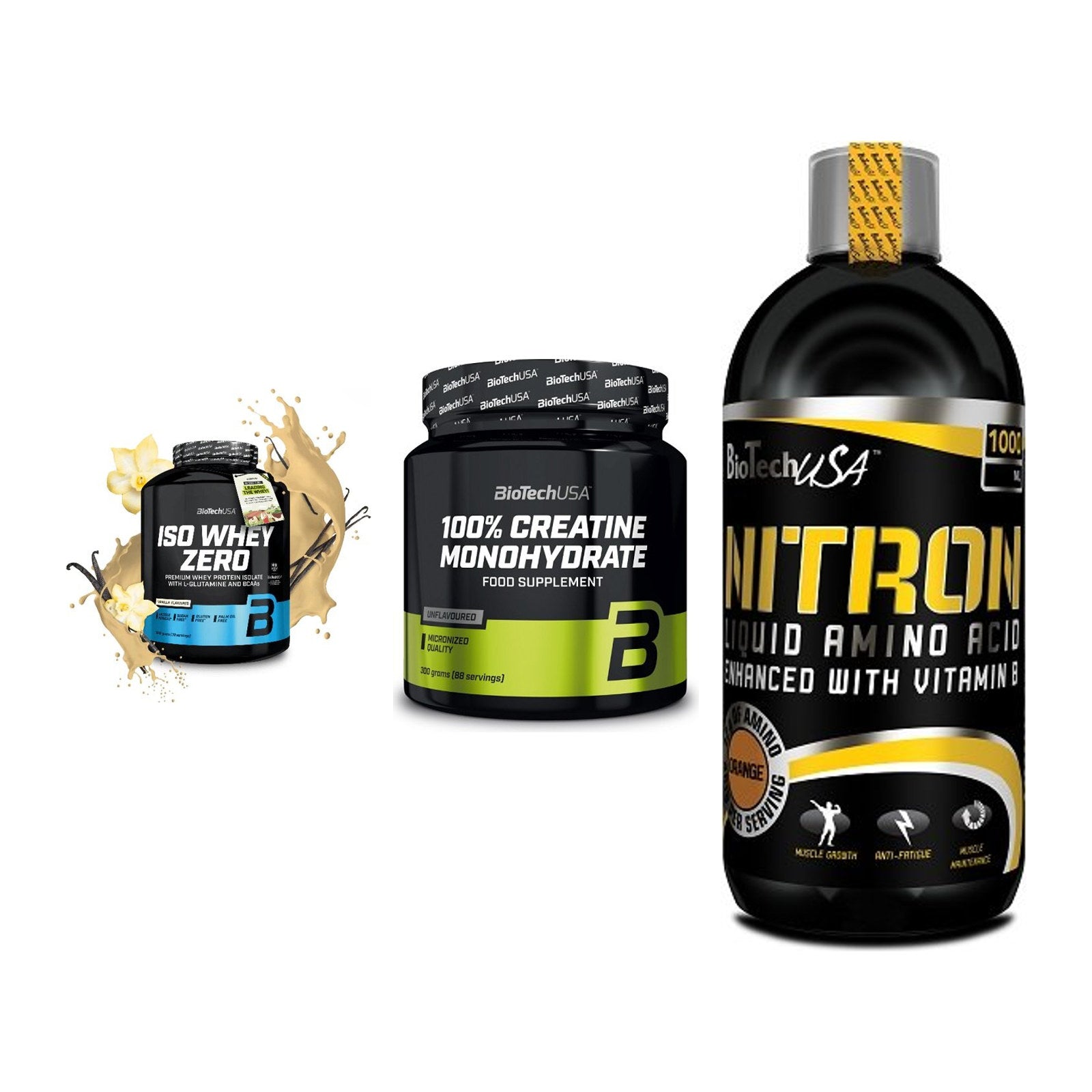 BioTech USA Marken-Trio: Iso Whey Zero + Creatine + Liquid Amino – alle enthaltenen Artikel
