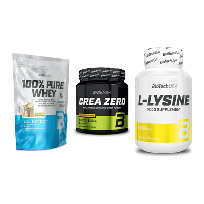 BioTech USA Marken-Trio: 100% Pure Whey + Crea Zero + L-Lysine – alle enthaltenen Artikel