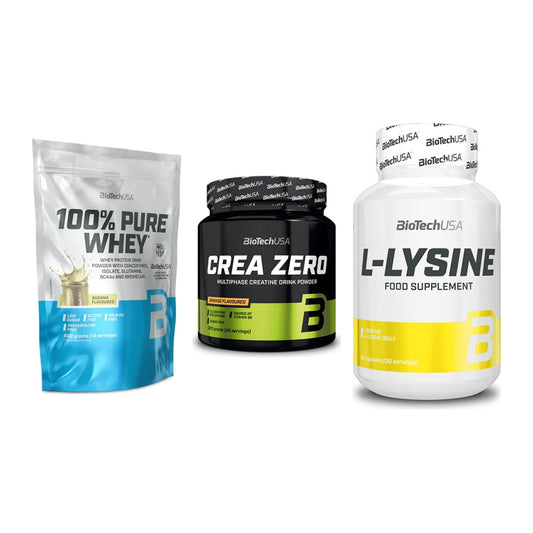 BioTech USA Marken-Trio: 100% Pure Whey + Crea Zero + L-Lysine – alle enthaltenen Artikel