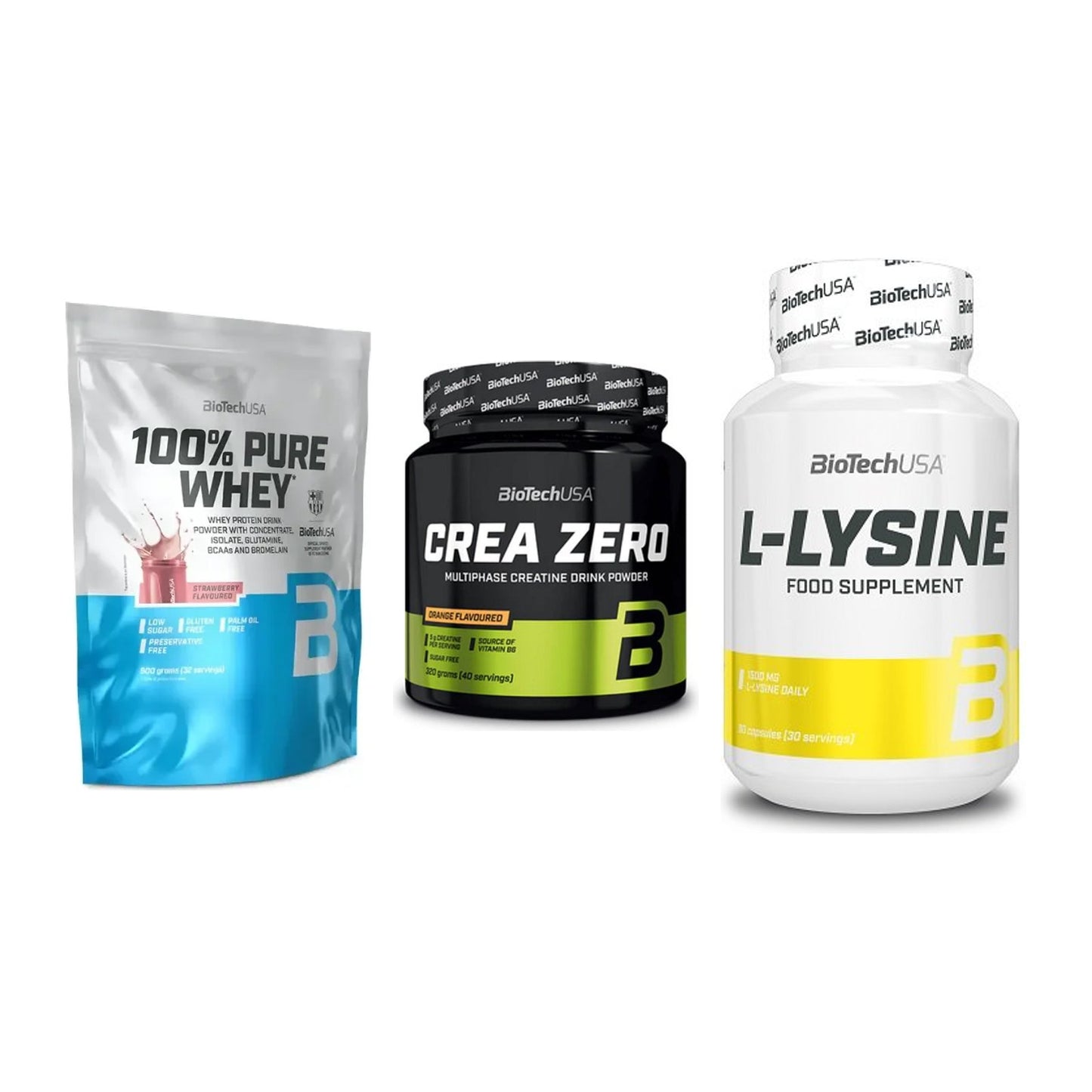 BioTech USA Marken-Trio: 100% Pure Whey + Crea Zero + L-Lysine – alle enthaltenen Artikel