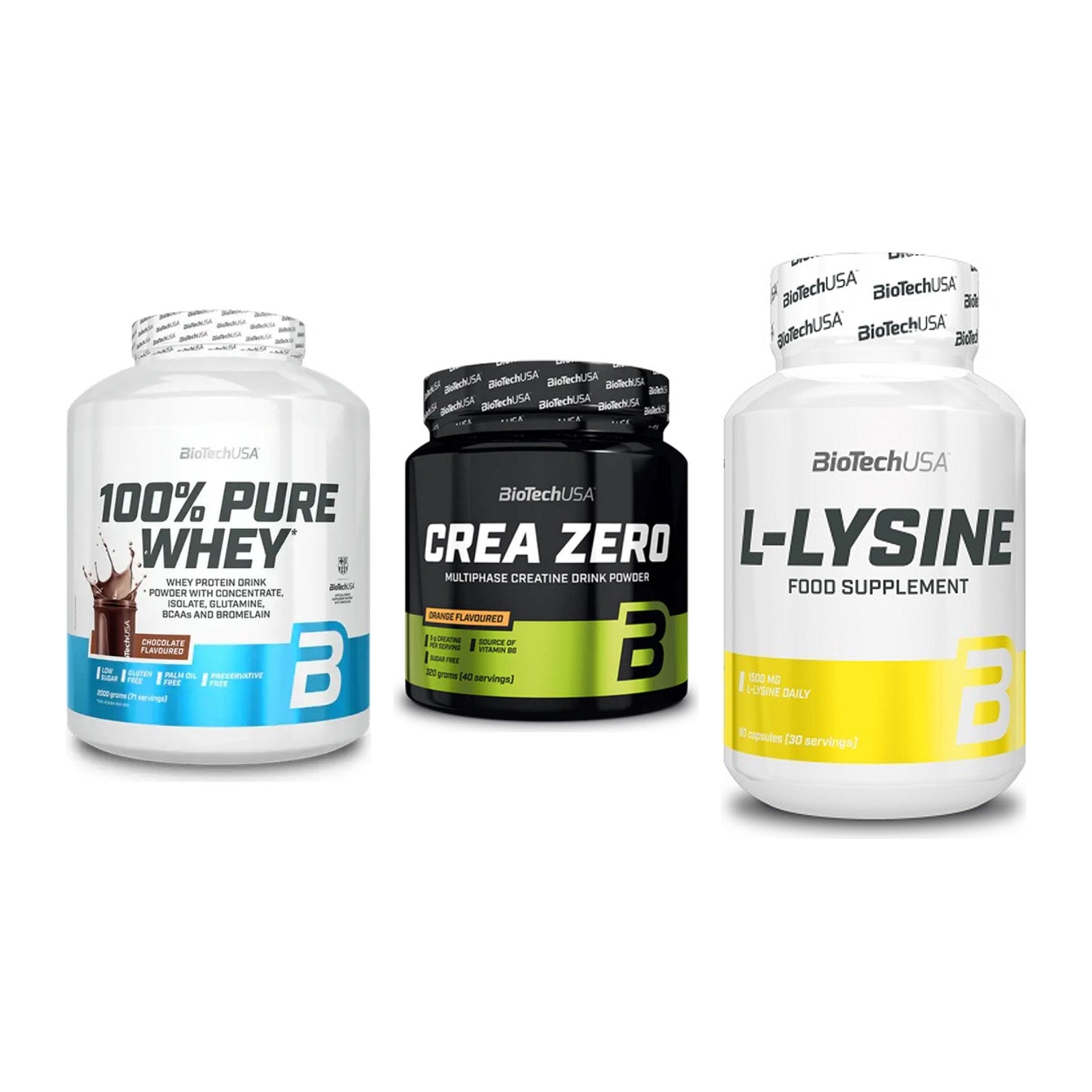 BioTech USA Marken-Trio: 100% Pure Whey + Crea Zero + L-Lysine – alle enthaltenen Artikel