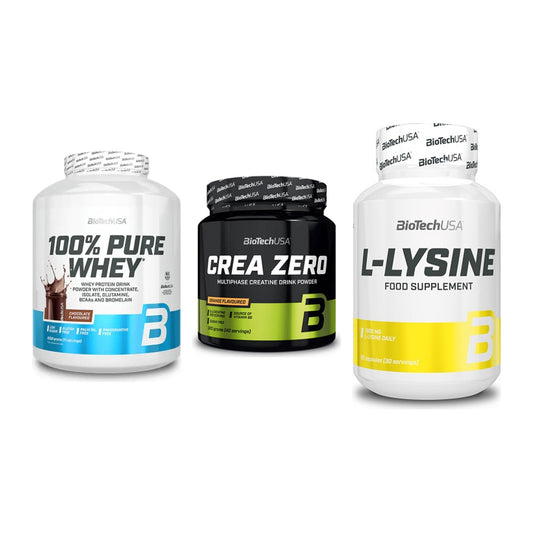 BioTech USA Marken-Trio: 100% Pure Whey + Crea Zero + L-Lysine – alle enthaltenen Artikel