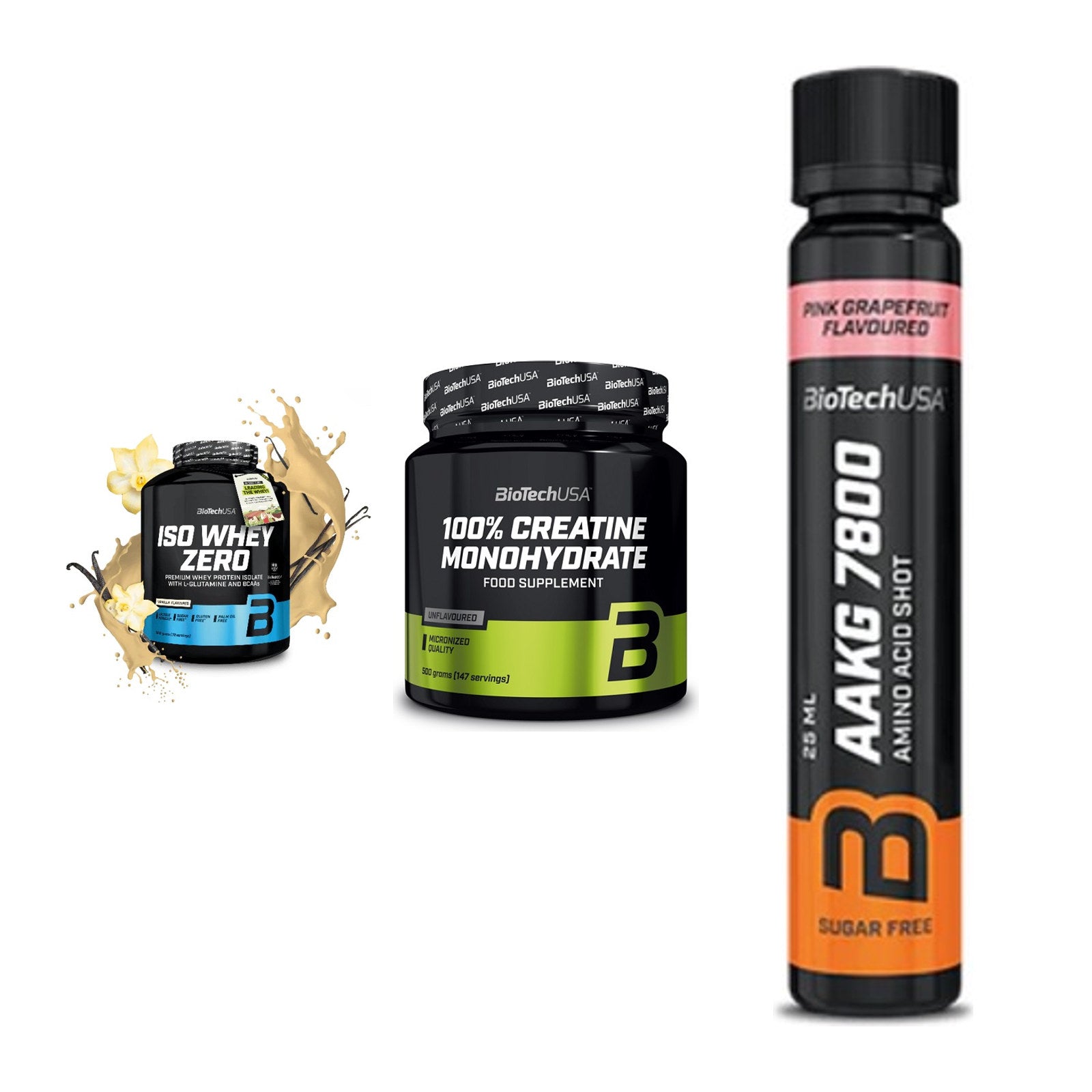 BioTech USA Marken-Trio: Iso Whey Zero + Creatine + AAKG 7800 – alle enthaltenen Artikel