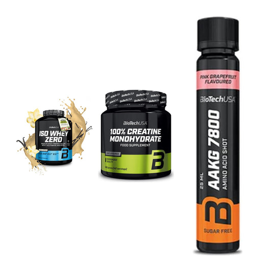 BioTech USA Marken-Trio: Iso Whey Zero + Creatine + AAKG 7800 – alle enthaltenen Artikel