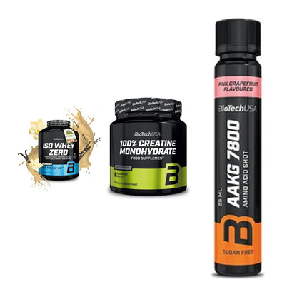 BioTech USA Marken-Trio: Iso Whey Zero + Creatine + AAKG 7800 20 – alle enthaltenen Artikel