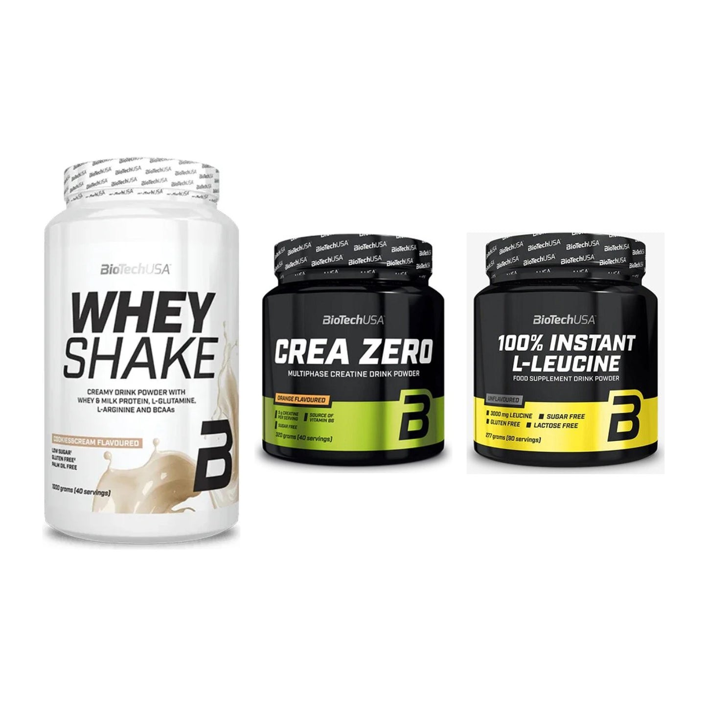 BioTech USA Marken-Trio: Whey Shake + Crea Zero + 100% Instant – alle enthaltenen Artikel
