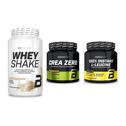 BioTech USA Marken-Trio: Whey Shake + Crea Zero + 100% Instant – alle enthaltenen Artikel