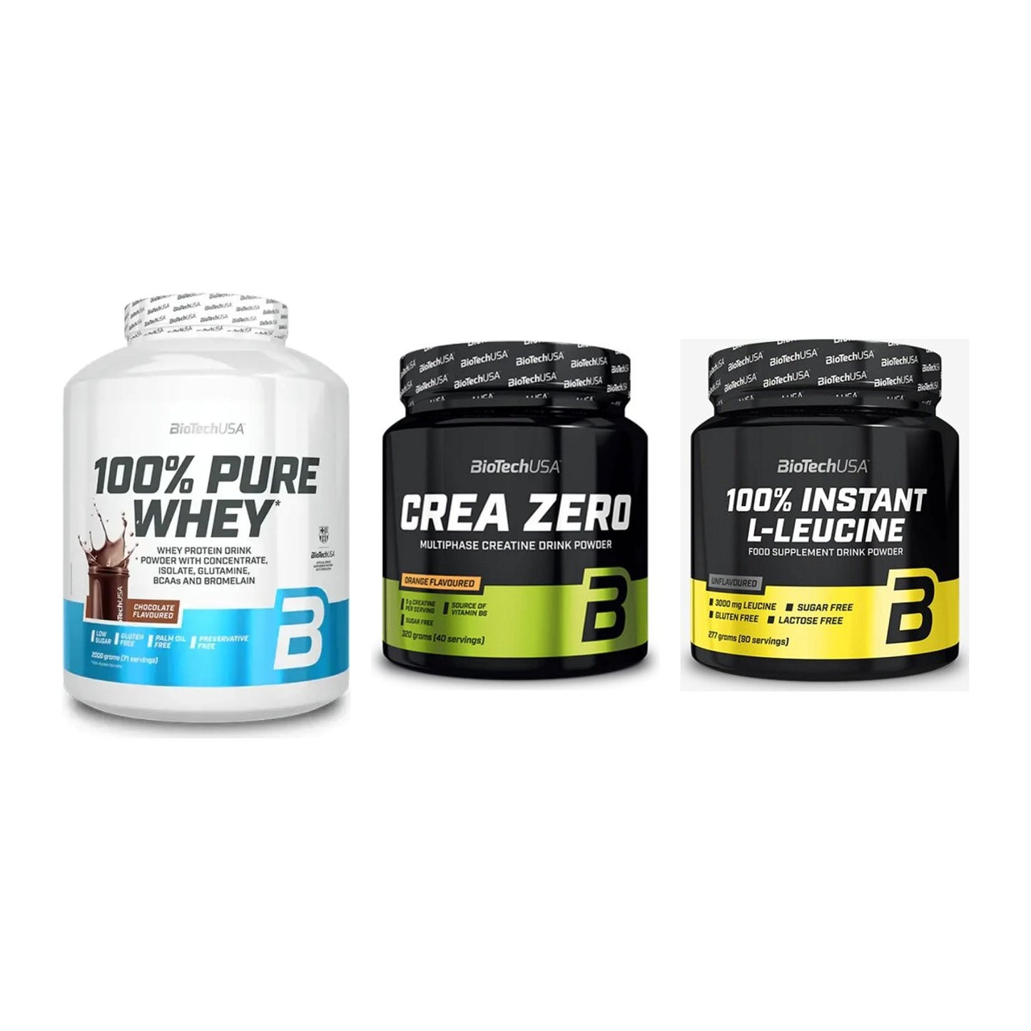 BioTech USA Marken-Trio: 100% Pure + Crea Zero + 100% Instant – alle enthaltenen Artikel