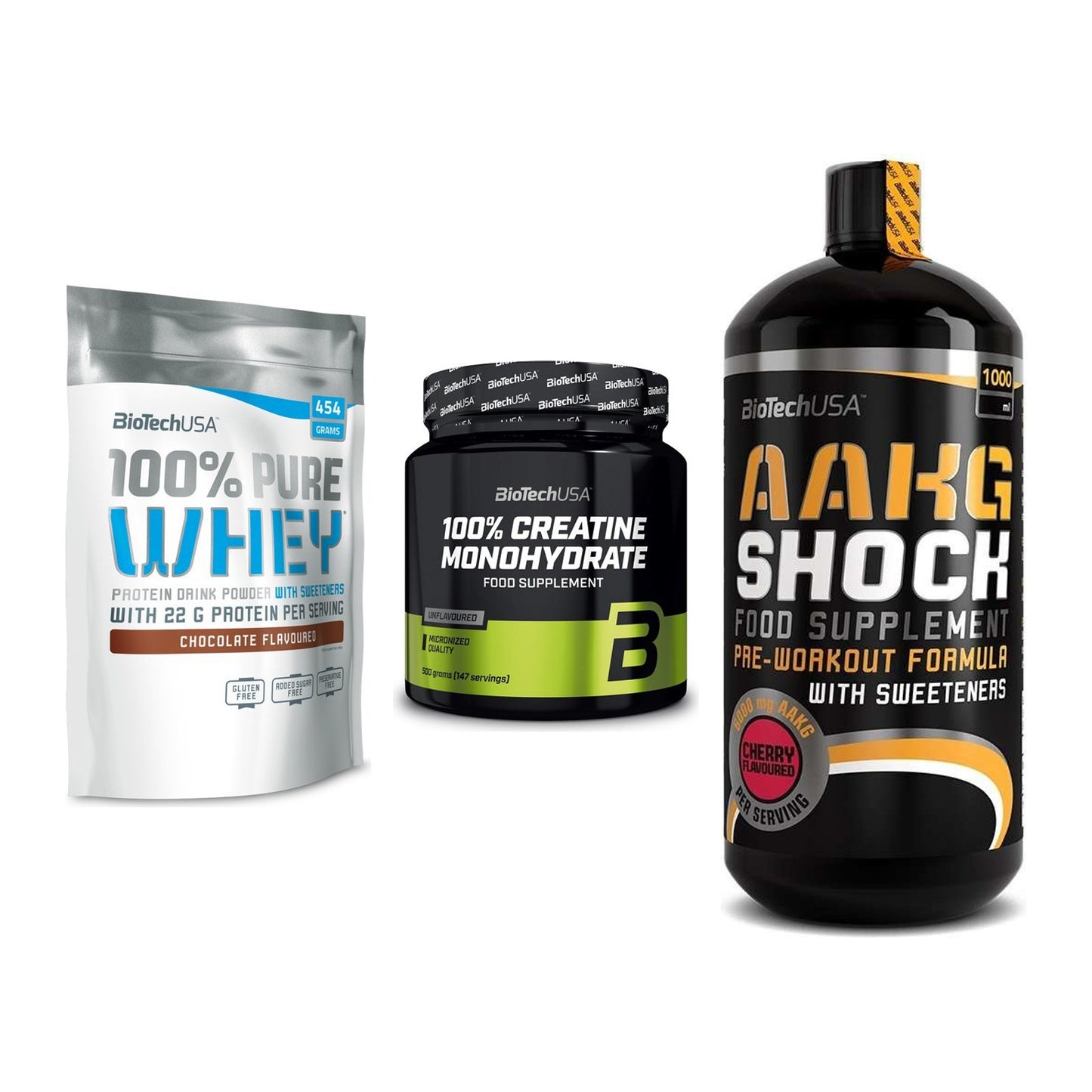 BioTech USA Marken-Trio: 100% Pure + Creatine + AAKG Shock – alle enthaltenen Artikel