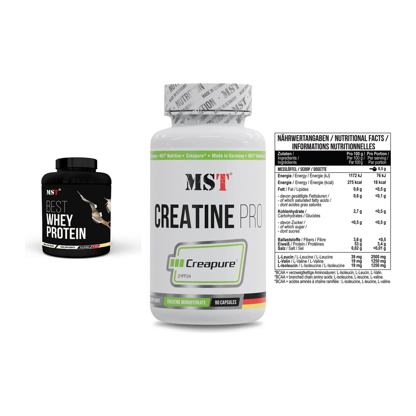 MST Marken-Trio: Best Whey Protein + Creatine Pro CREAPURE + BCAA Zero – alle enthaltenen Artikel