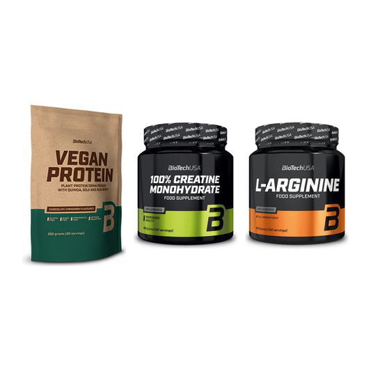 BioTech USA Marken-Trio: Vegan Protein + Creatine + L-Arginin – alle enthaltenen Artikel