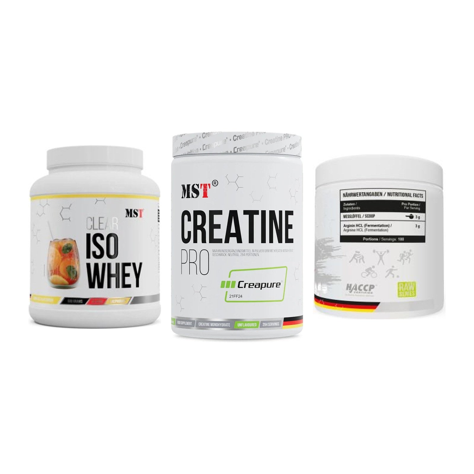 MST Marken-Trio: Iso Clear + Creatin Pro CREAPURE + Arginine HCL – alle enthaltenen Artikel