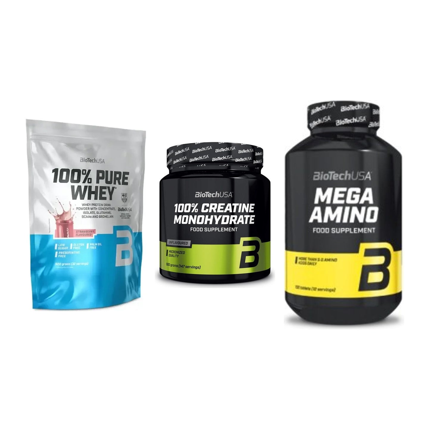 BioTech USA Marken-Trio: 100% Pure + Creatine + Mega Amino – alle enthaltenen Artikel