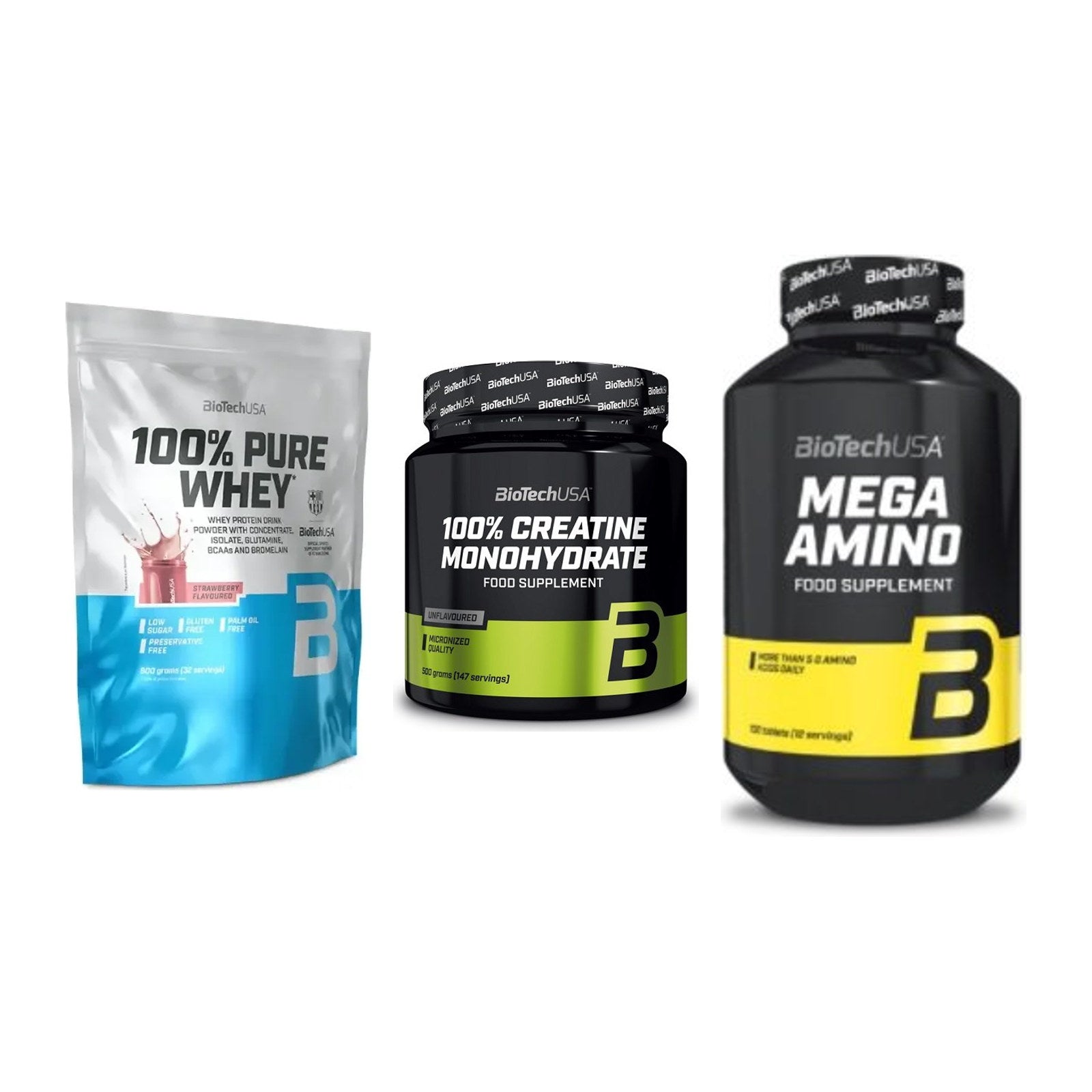 BioTech USA Marken-Trio: 100% Pure + Creatine + Mega Amino – alle enthaltenen Artikel