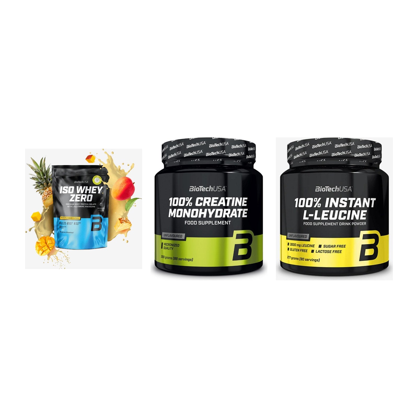 BioTech USA Marken-Trio: Iso Whey Zero + Creatine + 100% Instant – alle enthaltenen Artikel
