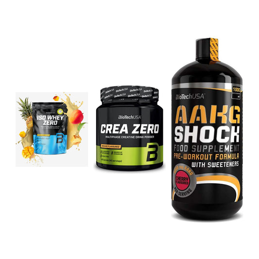 BioTech USA Marken-Trio: Iso Whey Zero + Crea Zero + AAKG Shock – alle enthaltenen Artikel