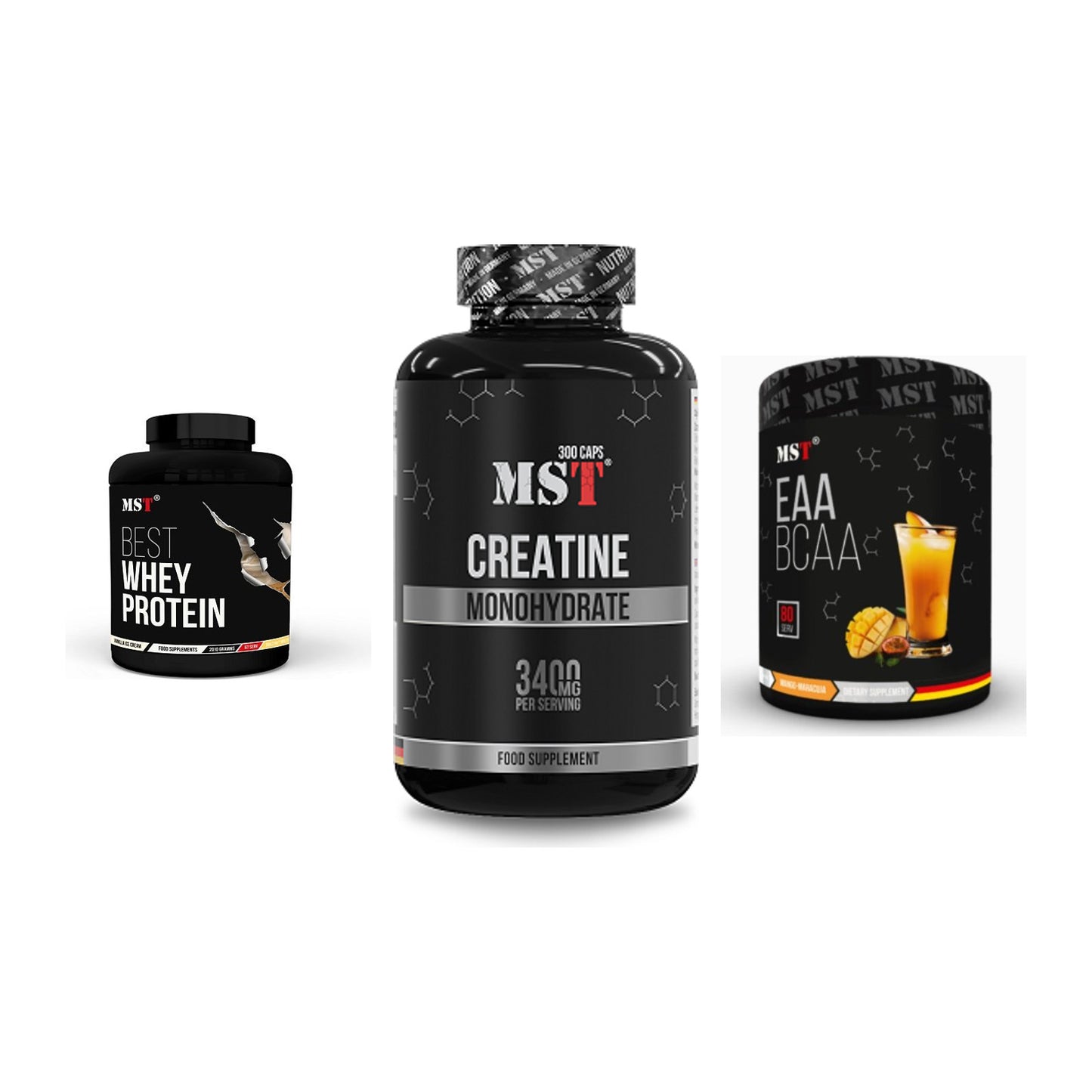MST Marken-Trio: Best Whey Protein + Creatine Monohydrate + EAA & BCAA – alle enthaltenen Artikel